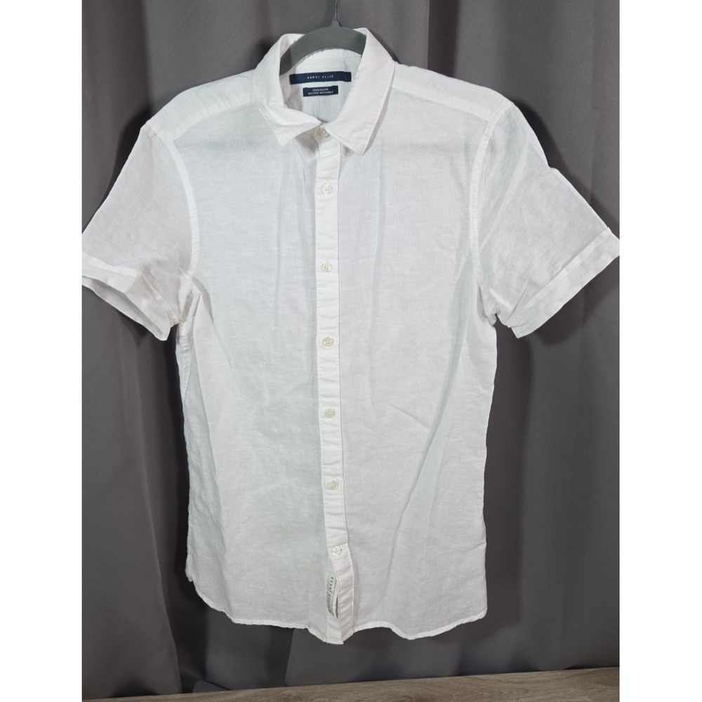 Perry Ellis Men's Linen Blend White Short Sleeve Button Shirt Small